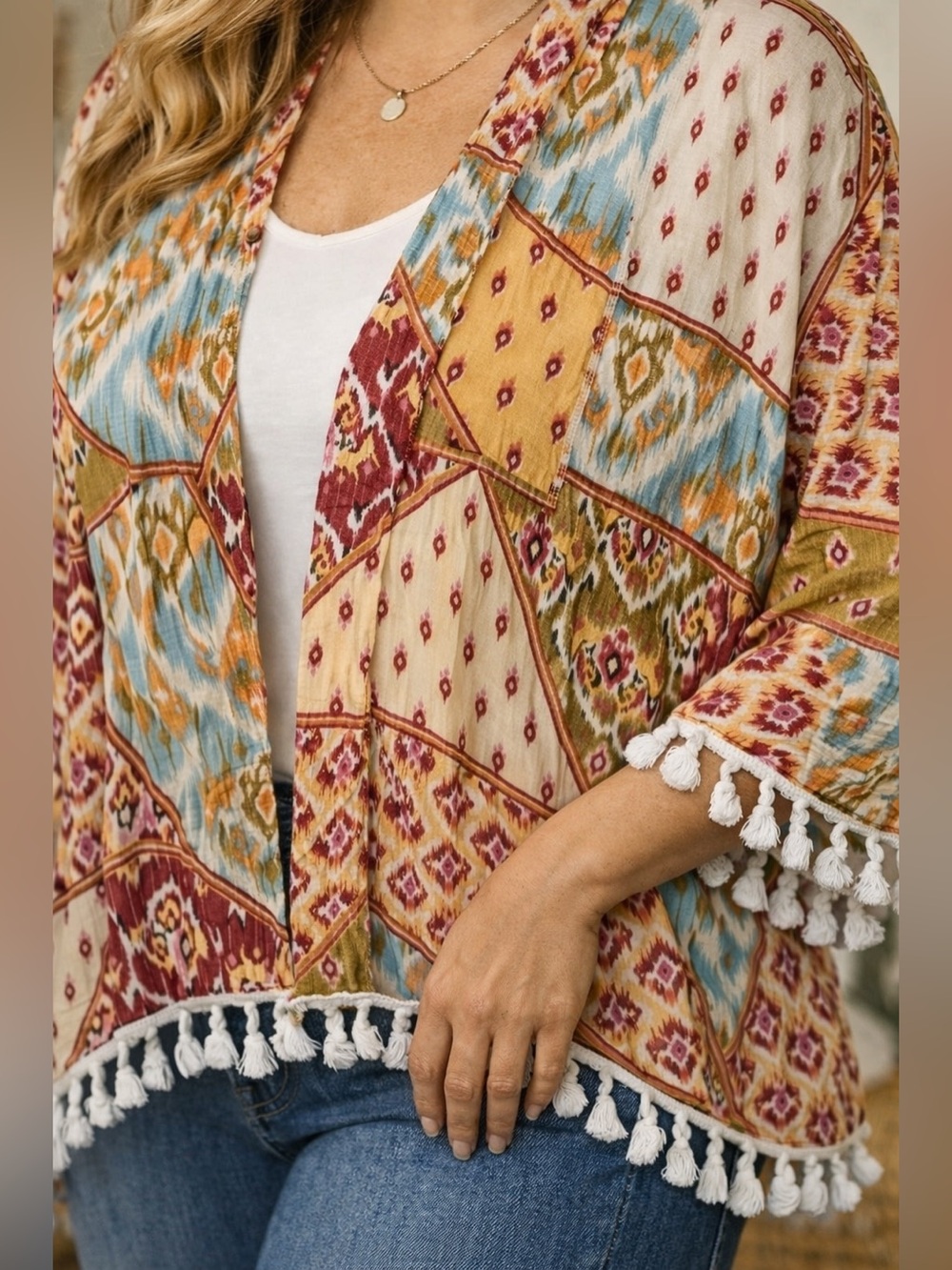 Reba Patchwork Kimono
Cardigan Boho Tassel Fringe
Orange Teal Women's Plus Size